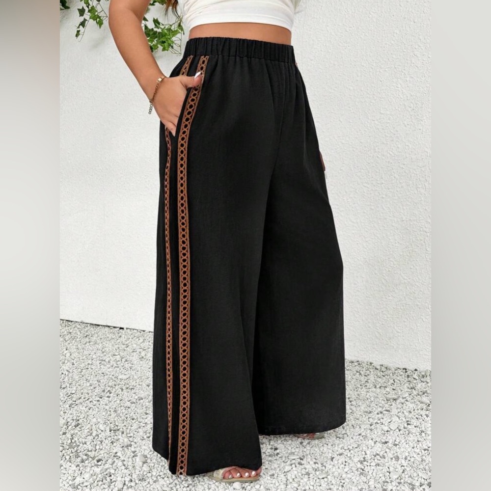 Black Wide-Leg Pants with Evil Eye Bsck Pocket & Brown Accentsg - Picture 3 of 4